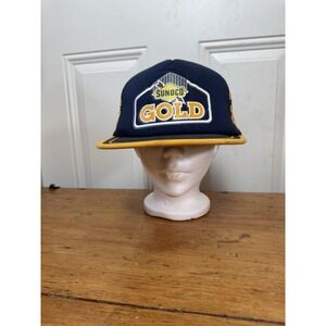 Sunoco Gold Hat Snapback Trucker Cap Blue‎ 3 Stripe Vintage 80s Mesh Back